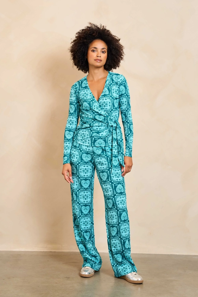Top Aven teal top met print en overslag Lofty manner